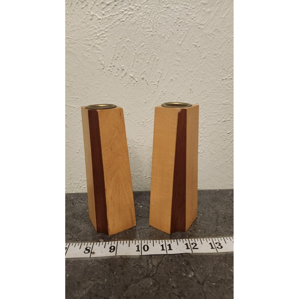 Handmade Wood Tapered Candle Holders Pair Maple Walnut Inlay Modernist